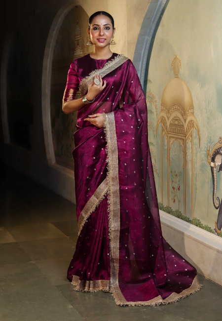Banarasi Semi Katan Softy Silk Saree in Plum Purple with Premium Lace Border