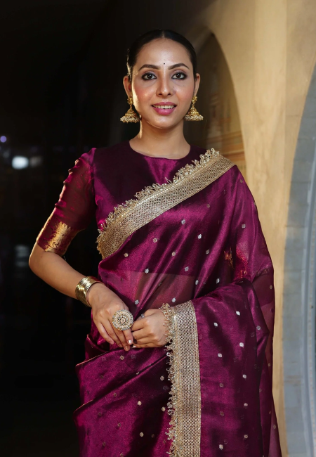 Banarasi Semi Katan Softy Silk Saree in Plum Purple with Premium Lace Border