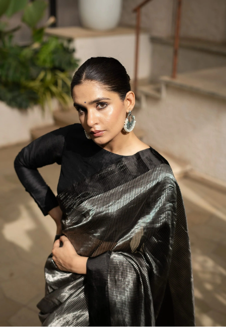 Exclusive Stripe Pattu Silk Chanderi Saree with Silver Jari – Handloom Elegance