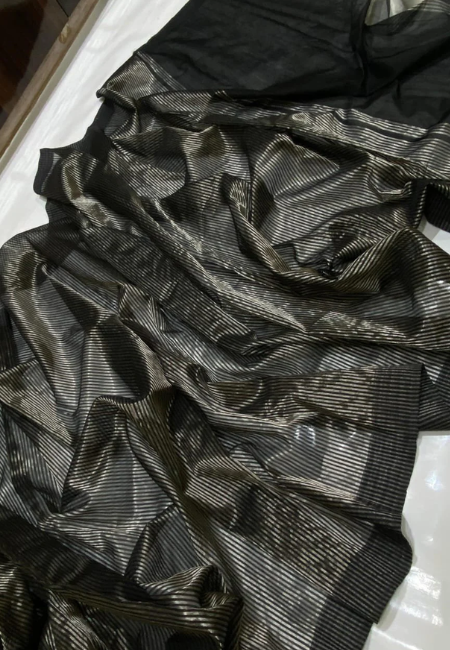 Exclusive Stripe Pattu Silk Chanderi Saree with Silver Jari – Handloom Elegance