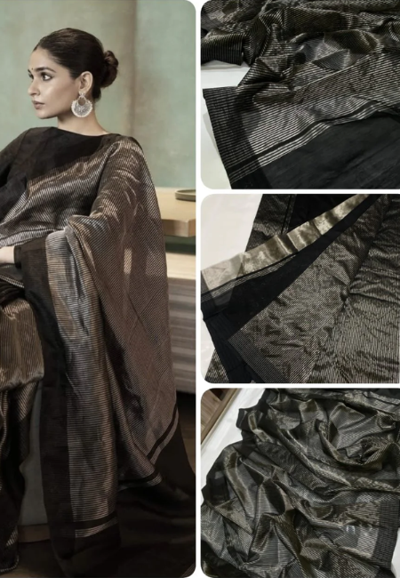 Exclusive Stripe Pattu Silk Chanderi Saree with Silver Jari – Handloom Elegance