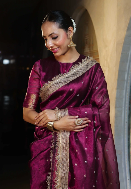 Banarasi Semi Katan Softy Silk Saree in Plum Purple with Premium Lace Border