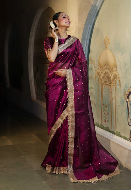 Banarasi Semi Katan Softy Silk Saree in Plum Purple with Premium Lace Border