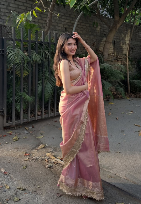 Rose Pink Banarasi Premium Semi Tissue Silk Saree with Beautiful Lace Work Border