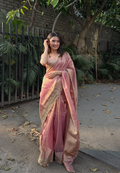 Rose Pink Banarasi Premium Semi Tissue Silk Saree with Beautiful Lace Work Border
