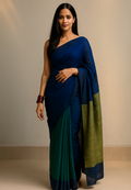 Azure Blossom Pure Linen Saree in Blue & Green
