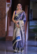 Steel Blue Semi Katan Silk Saree with Designer Pearl Lace Border