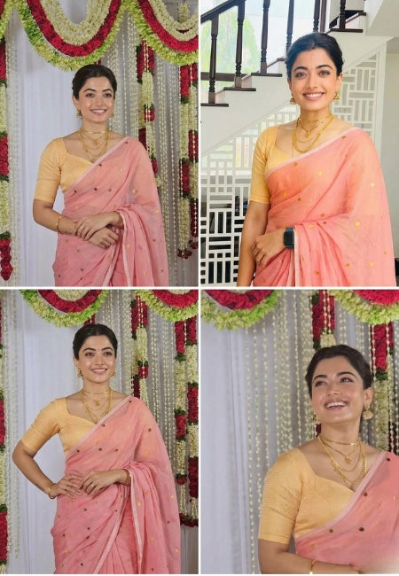 Elegant Peach Mulmul Cotton Saree with Embroidery Detailing