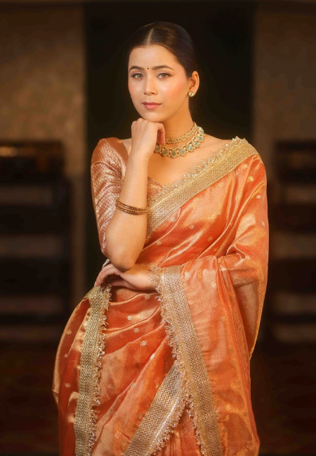 Banarasi Semi Tissue Silk Saree in Orange – Elegant Lace Border & Zari Detailing