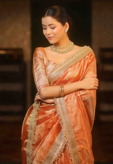 Banarasi Semi Tissue Silk Saree in Orange – Elegant Lace Border & Zari Detailing