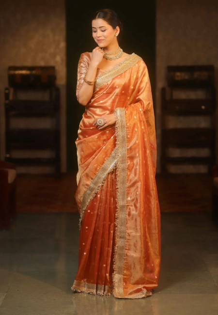 Banarasi Semi Tissue Silk Saree in Orange – Elegant Lace Border & Zari Detailing