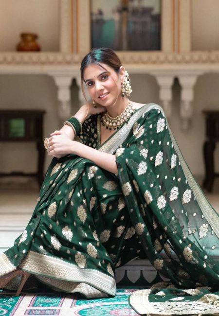 Emerald Green Semi-Georgette Silk Water Zari Saree – Premium Soft Drape1760