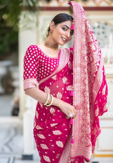 Vibrant Pink Semi-Georgette Silk Water Zari Saree – Lightweight & Premium Finish