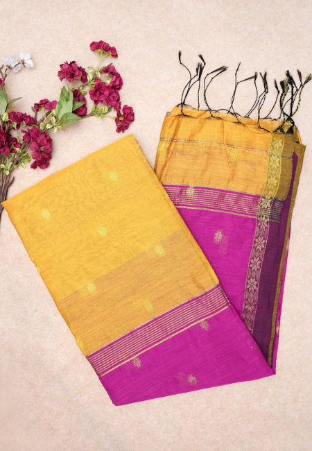 Sunset Glow Pure Handloom Cotton Silk Saree in Pink & Yellow