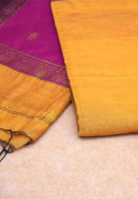 Sunset Glow Pure Handloom Cotton Silk Saree in Pink & Yellow