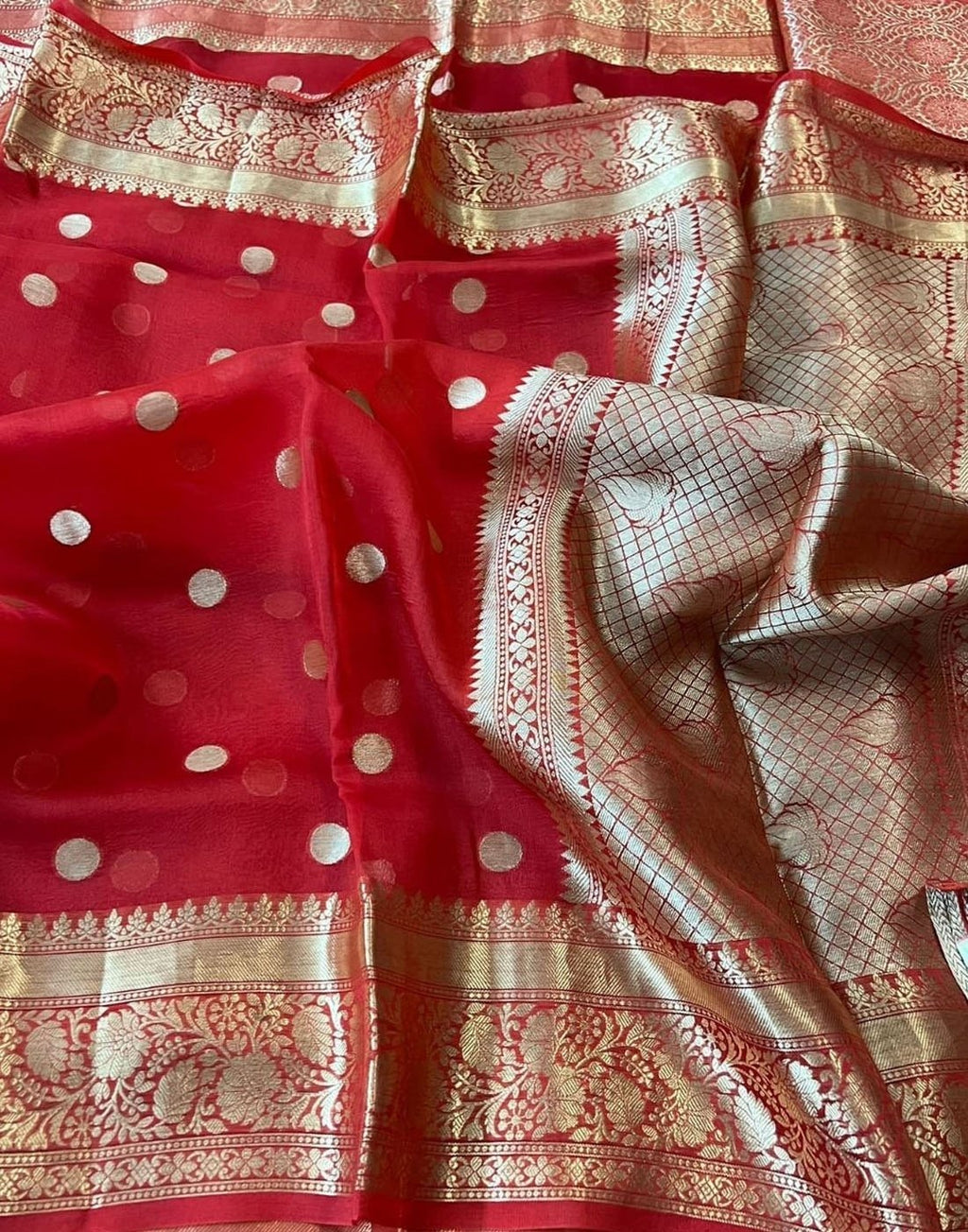 Cherry Red Banarasi Soft Organza Silk Woven Dyeable Saree with Zari Border