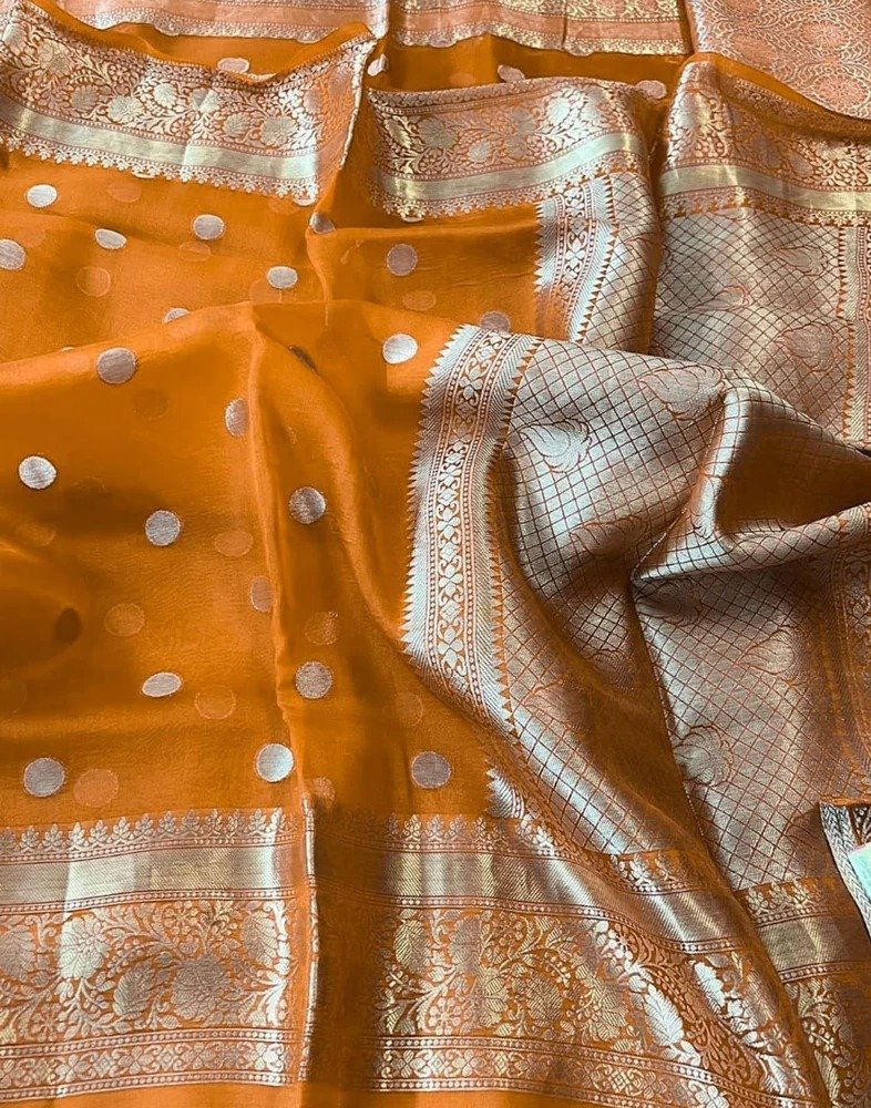 Burnt Orange Banarasi Soft Organza Silk Woven Dyeable Saree with Zari Borde