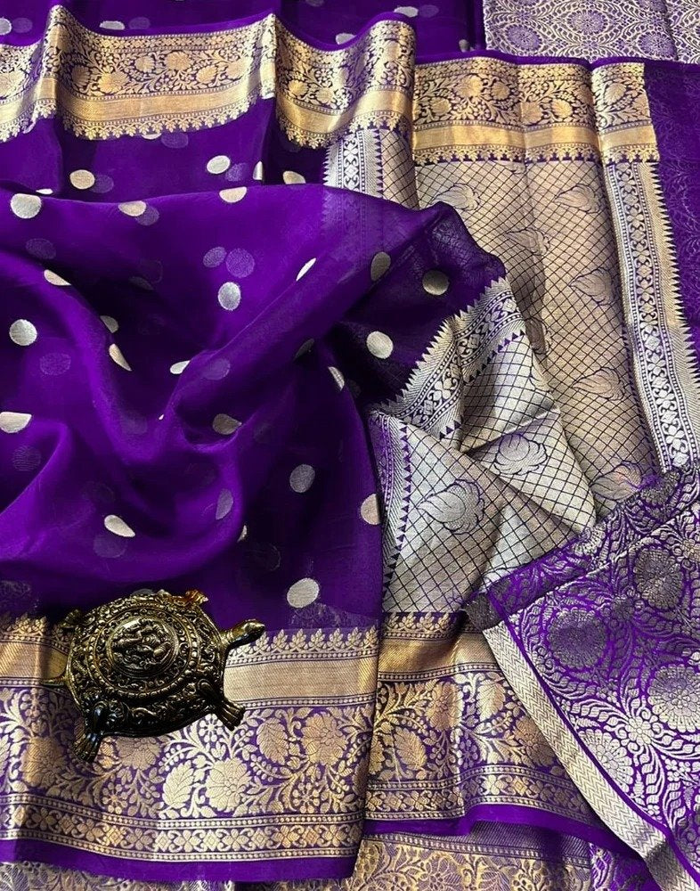 Royal Purple Banarasi Soft Organza Silk Woven Dyeable Saree with Zari Border