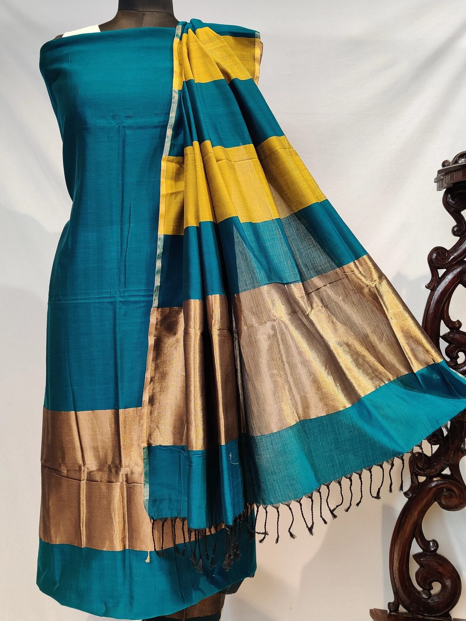 Unstitched Maheshwari Cotton Silk Suit with Resham Stripe Dupatta – Peacock Teal & Mustard Elegance
