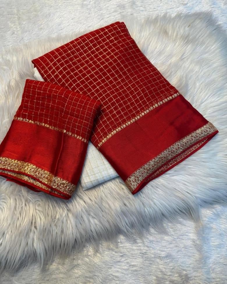 Elegant Red & Off-White Pure Viscose Chex Saree with Satin Patta Border