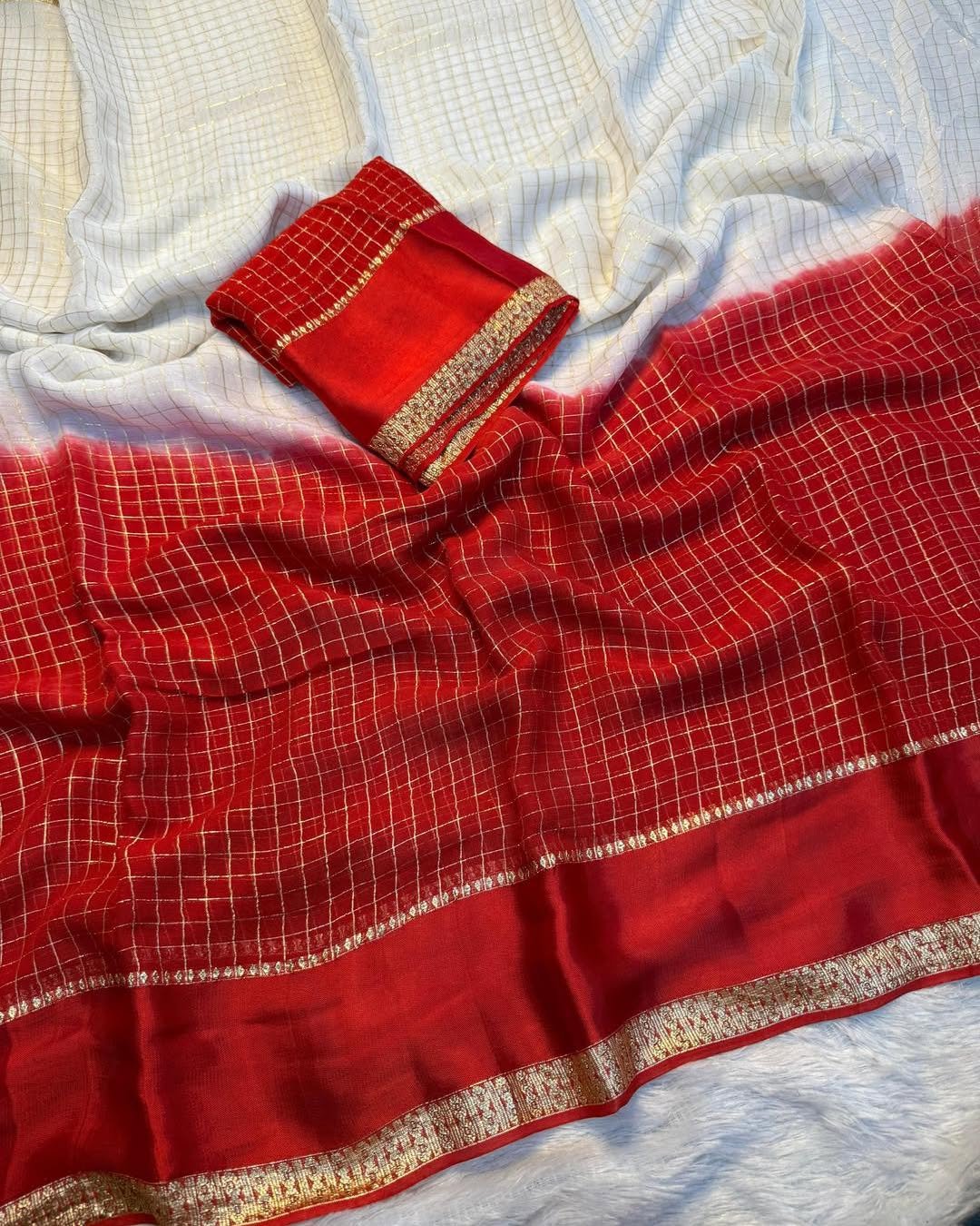 Elegant Red & Off-White Pure Viscose Chex Saree with Satin Patta Border