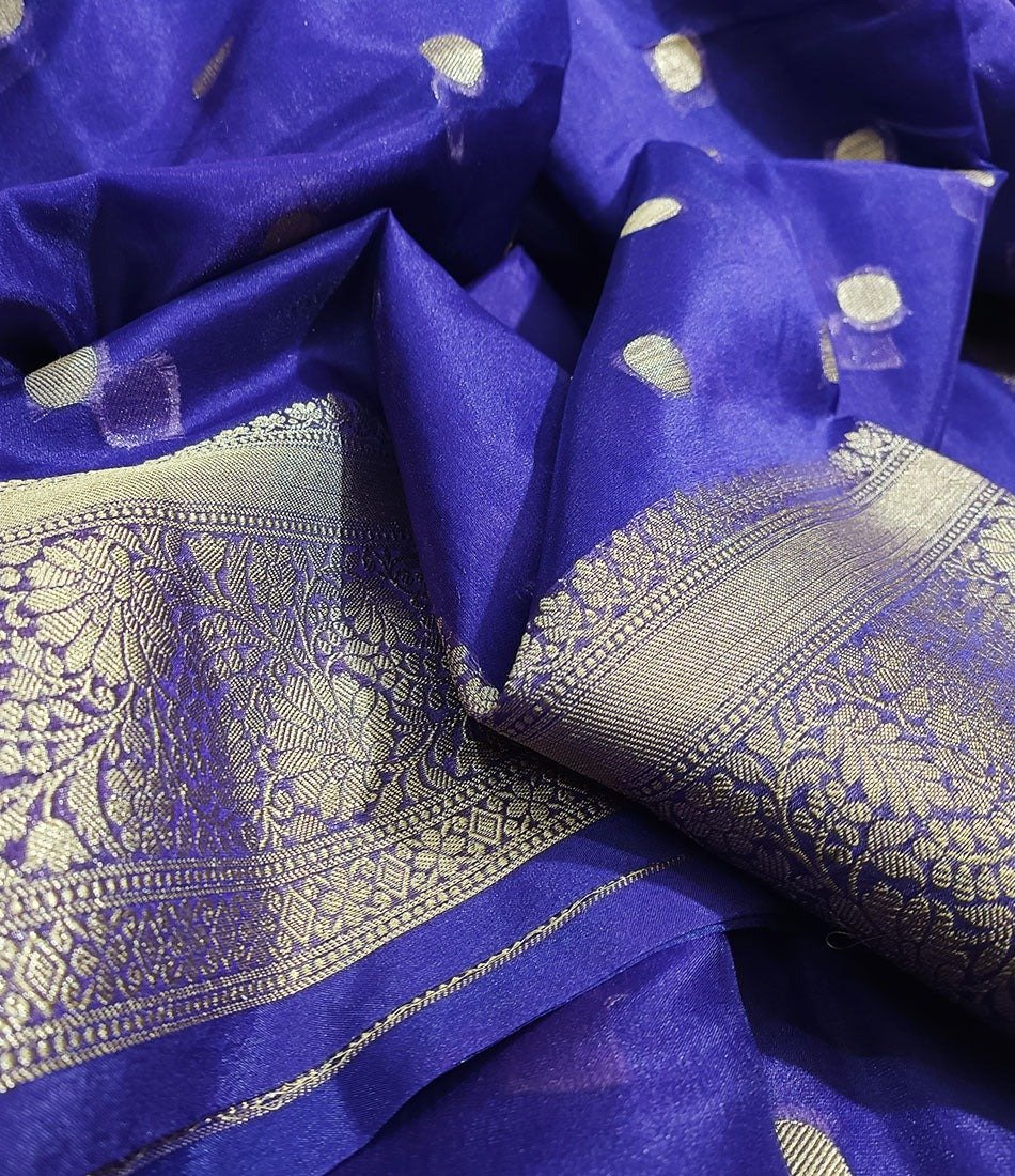 Royal Blue Banarasi Soft Organza Silk Woven Dyeable Saree with Zari Border