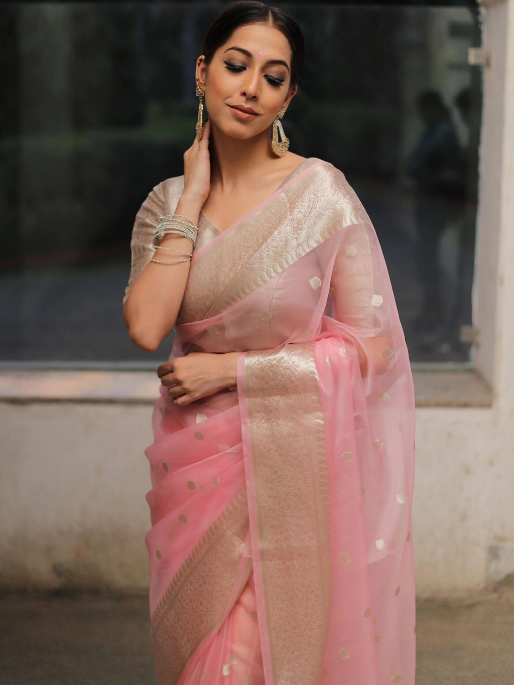 Peach Pink Banarasi Soft Organza Silk Woven Dyeable Saree with Zari Border