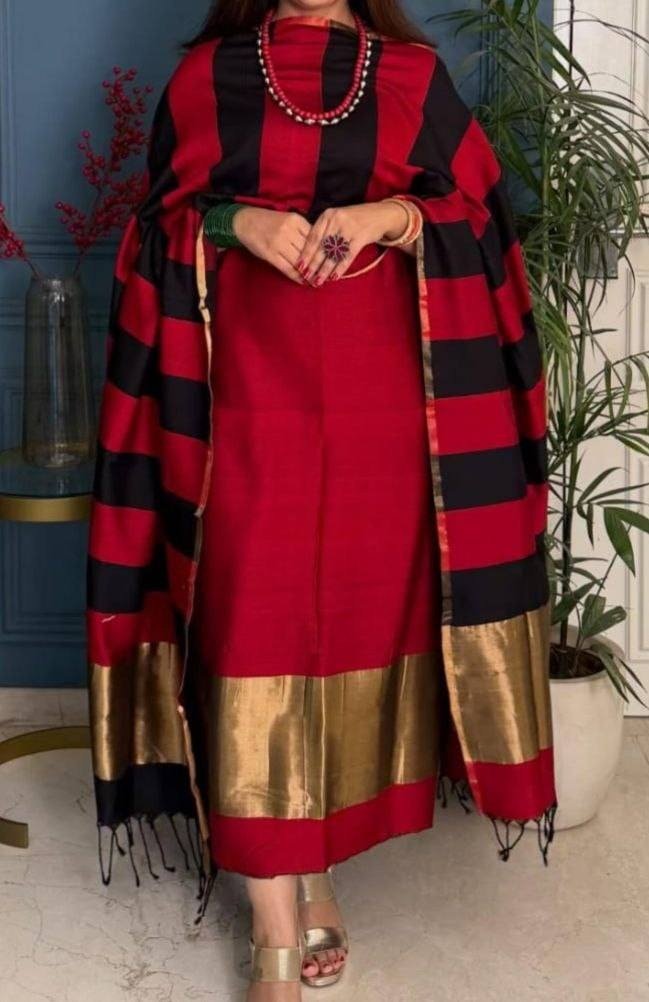 Unstitched Maheshwari Cotton Silk Suit with Stripe Dupatta – Brick Red & Black Elegance