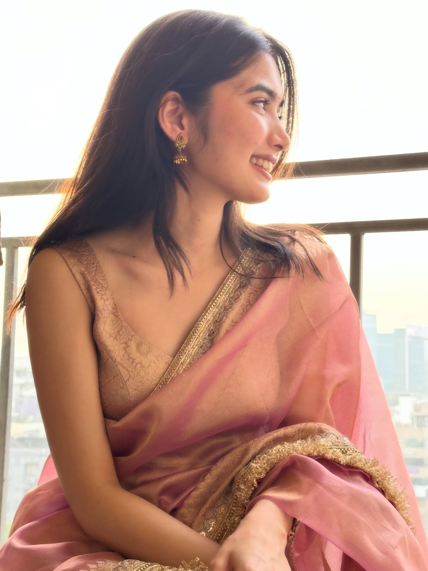 Rose Pink Banarasi Premium Semi Tissue Silk Saree with Beautiful Lace Work Border