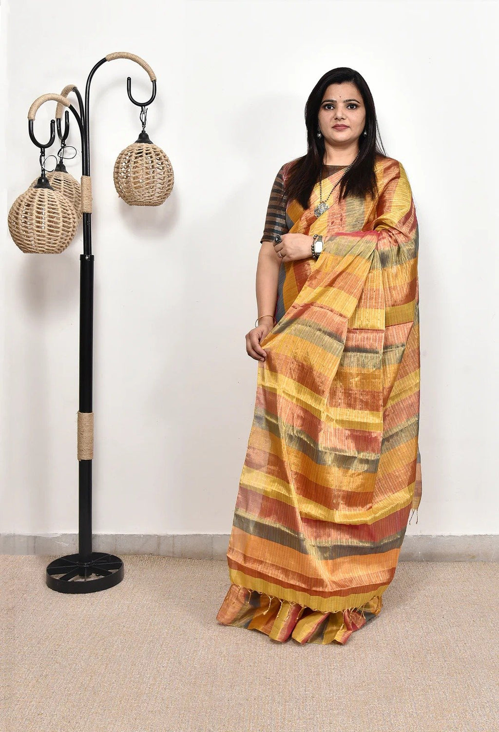 Pure Handloom Multicolour Golden Jari Tissue Saree with Running Tissue Pallu & Blouse