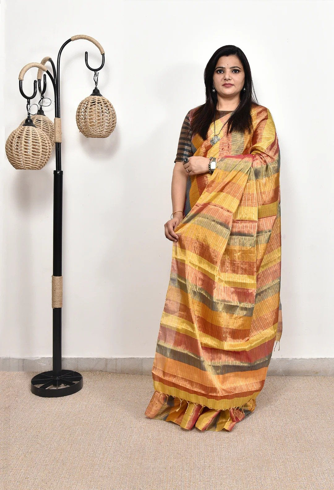 Pure Handloom Multicolour Golden Jari Tissue Saree with Running Tissue Pallu & Blouse