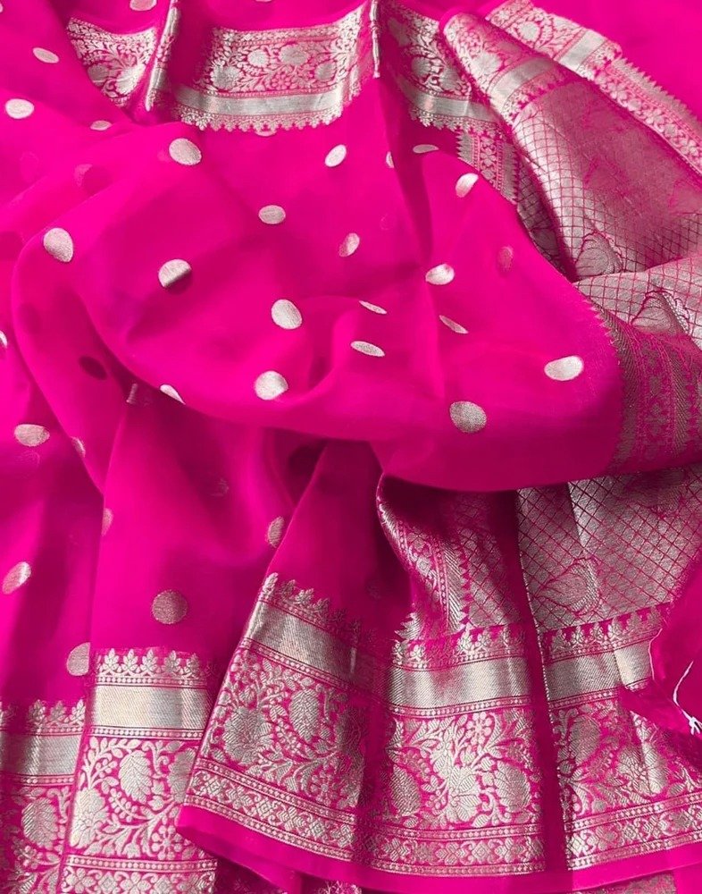Hot Pink Banarasi Soft Organza Silk Woven Dyeable Saree with Zari Border