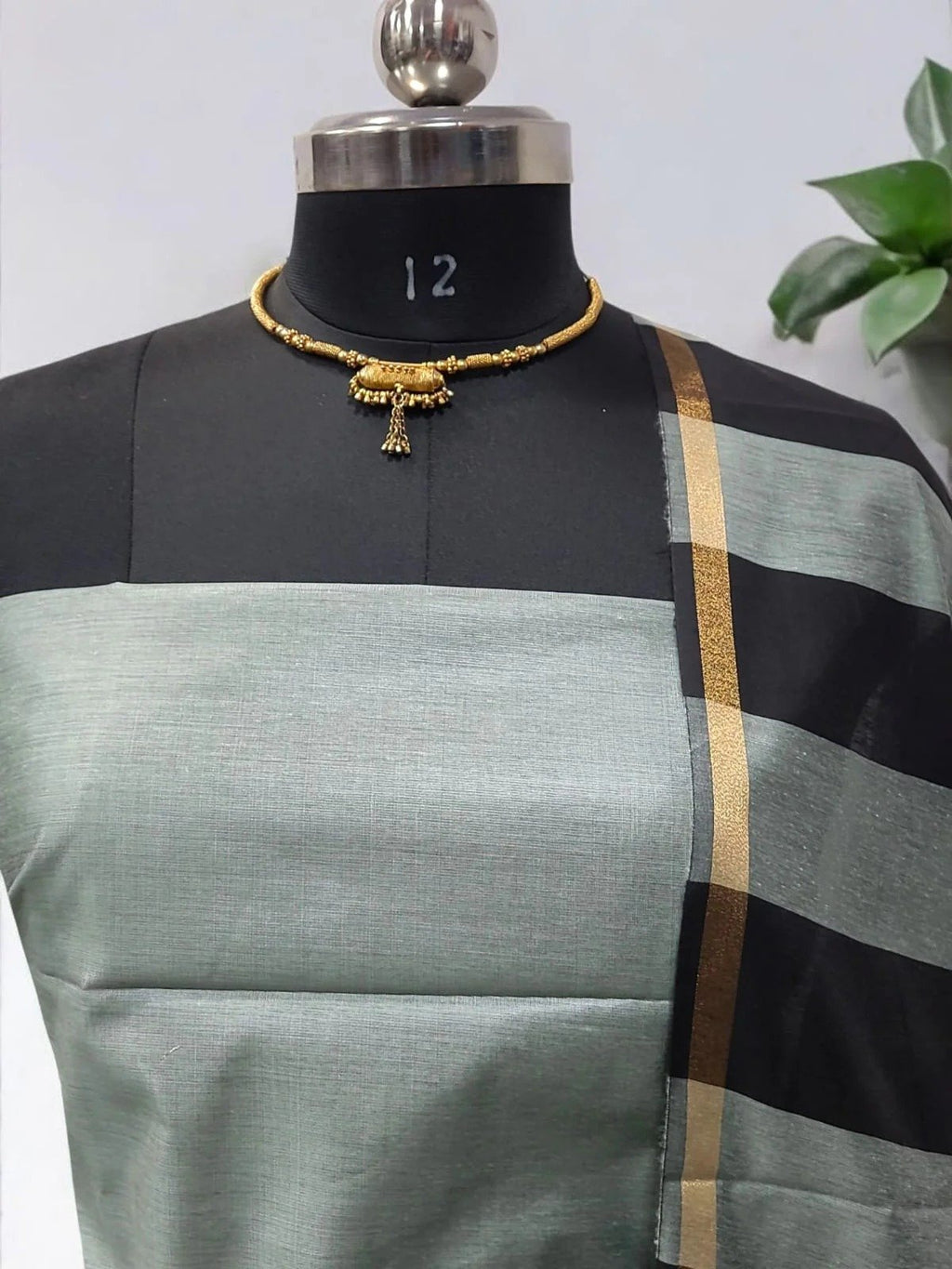 Unstitched Maheshwari Cotton Silk Suit with Stripe Dupatta – Silver Sage Green & Black Elegance