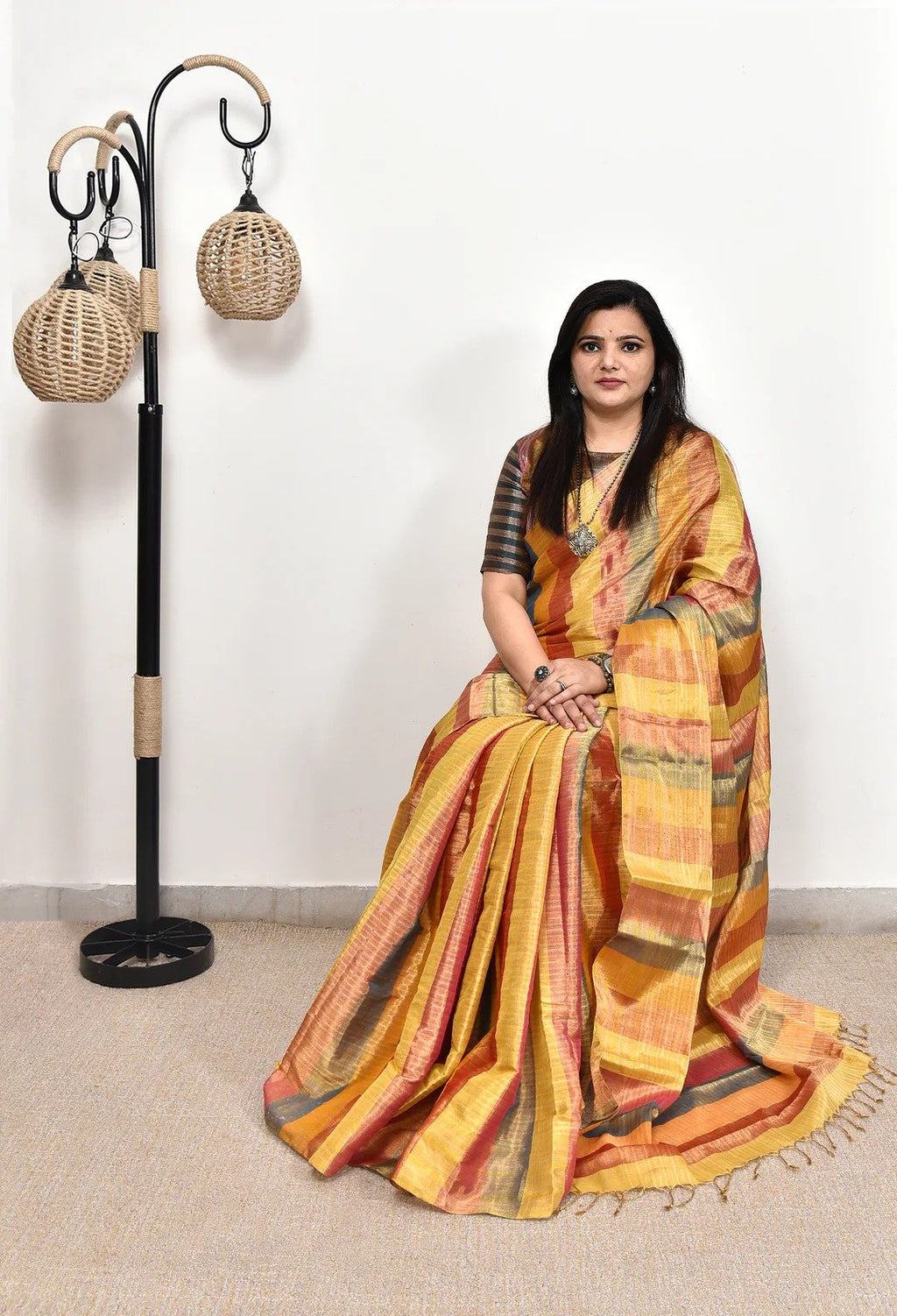 Pure Handloom Multicolour Golden Jari Tissue Saree with Running Tissue Pallu & Blouse