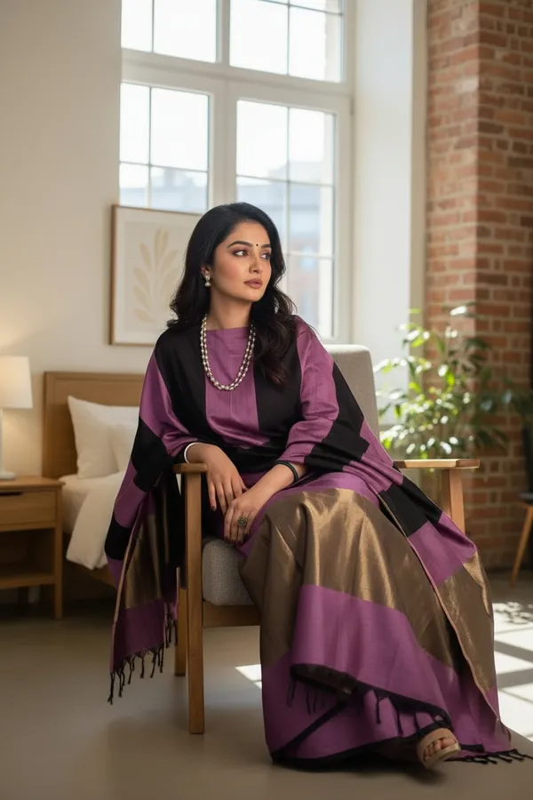 Unstitched Maheshwari Cotton Silk Suit with Resham Stripe Dupatta – Royal Purple & Black Elegance