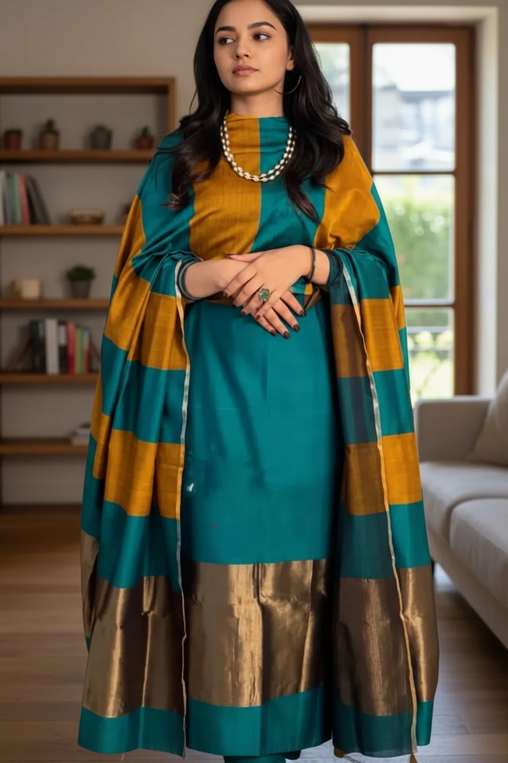 Unstitched Maheshwari Cotton Silk Suit with Resham Stripe Dupatta – Teal Green & Mustard Elegance