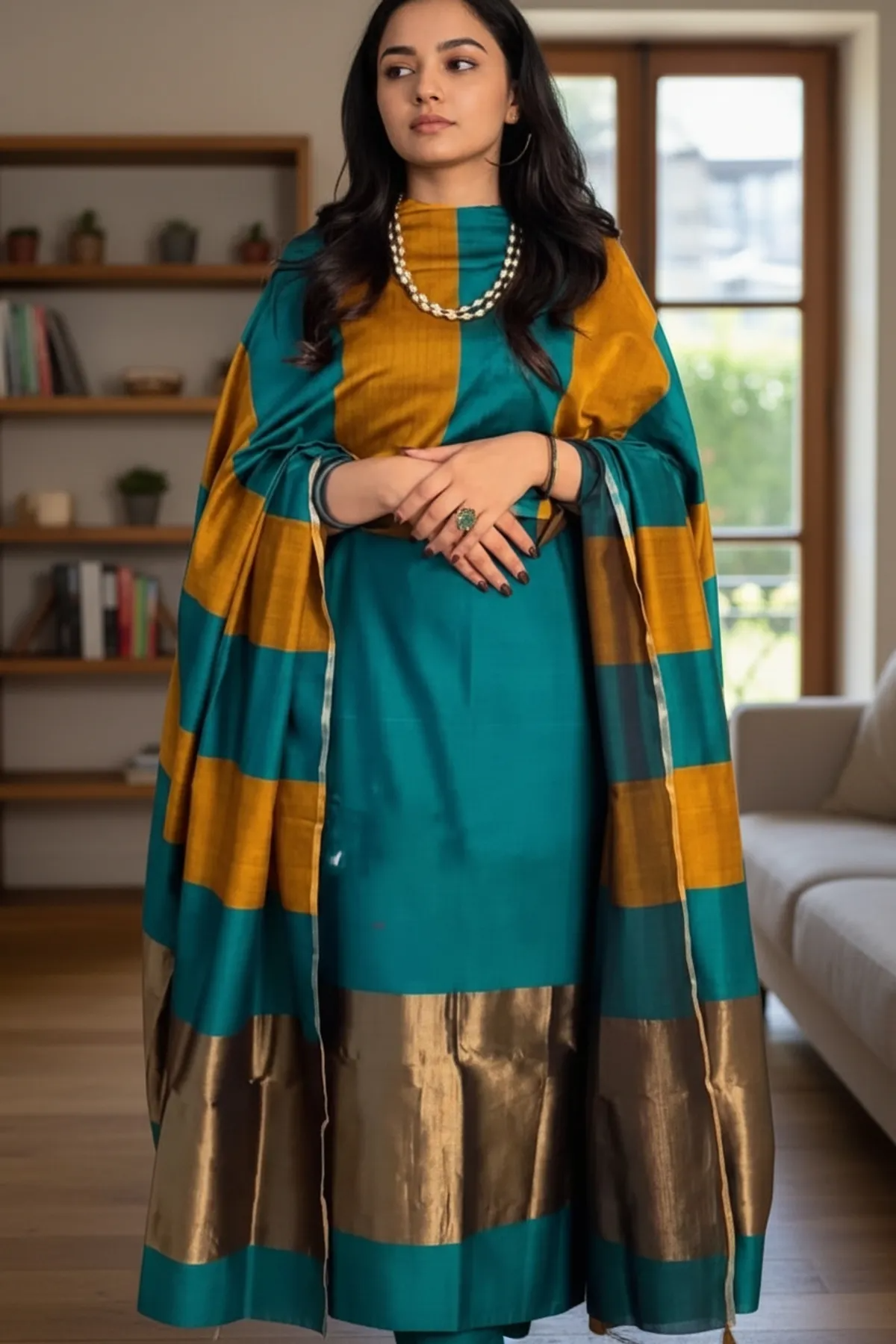 Unstitched Maheshwari Cotton Silk Suit with Resham Stripe Dupatta – Teal Green & Mustard Elegance