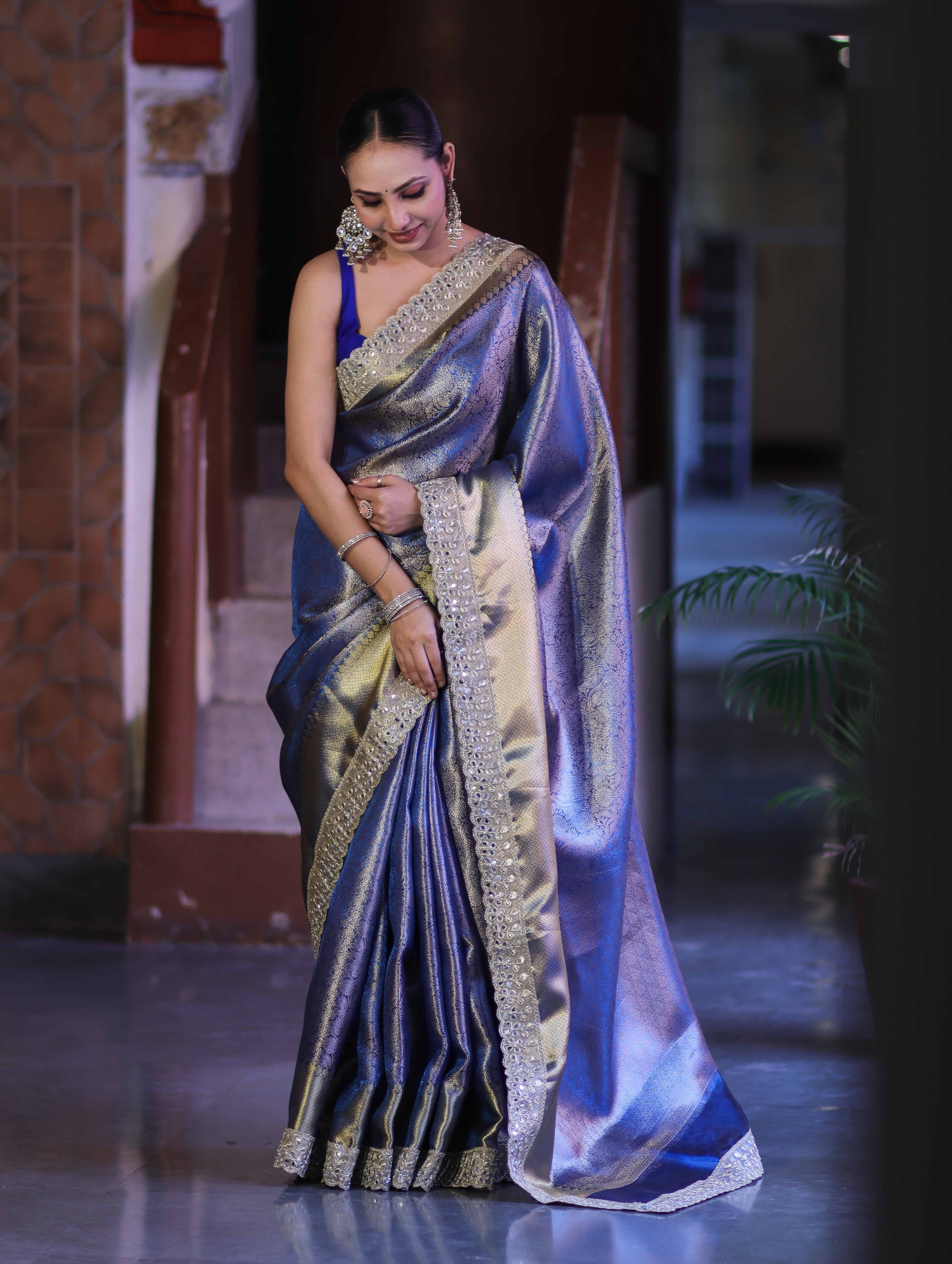 Steel Blue Semi Katan Silk Saree with Designer Pearl Lace Border