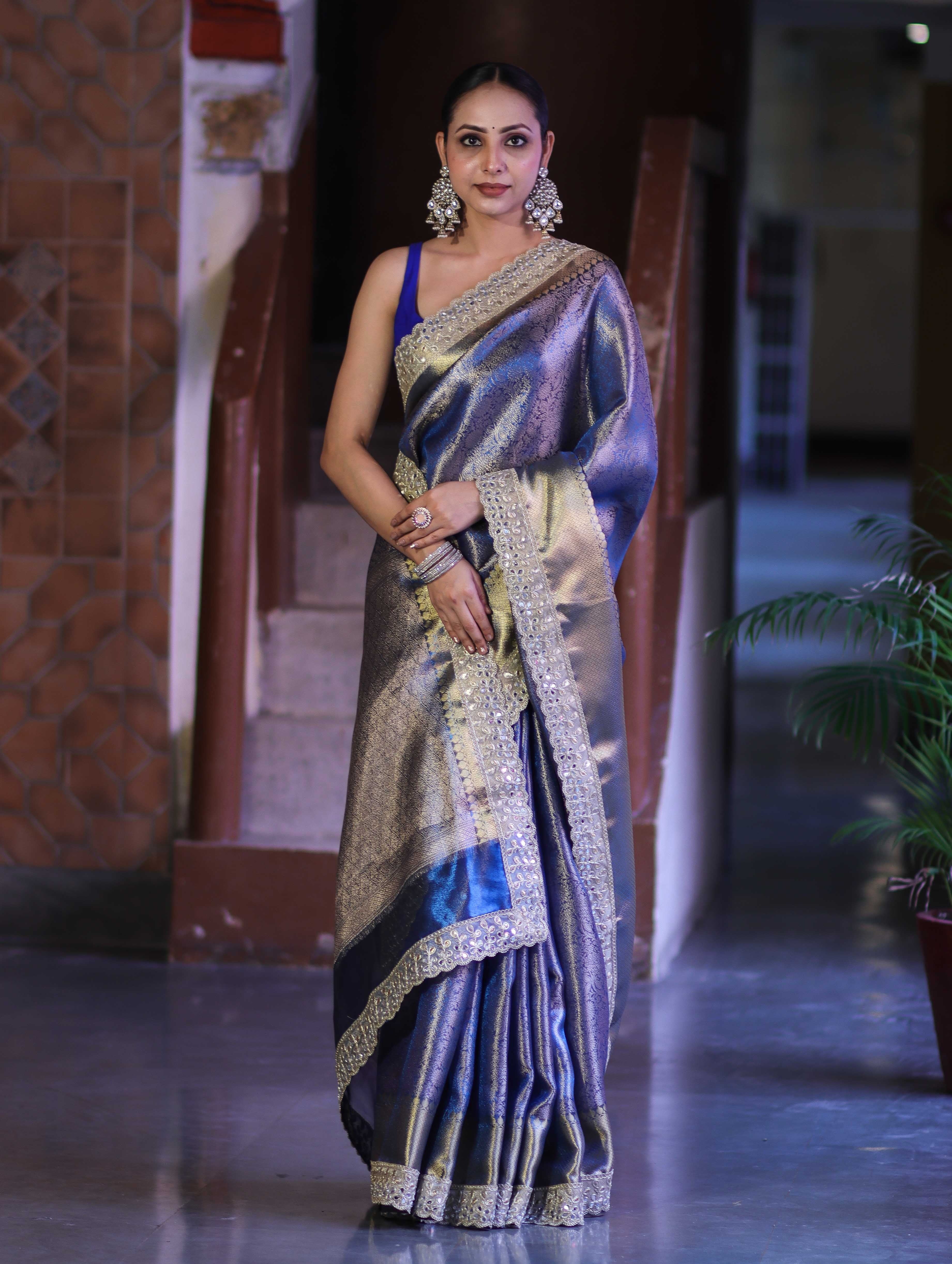 Steel Blue Semi Katan Silk Saree with Designer Pearl Lace Border