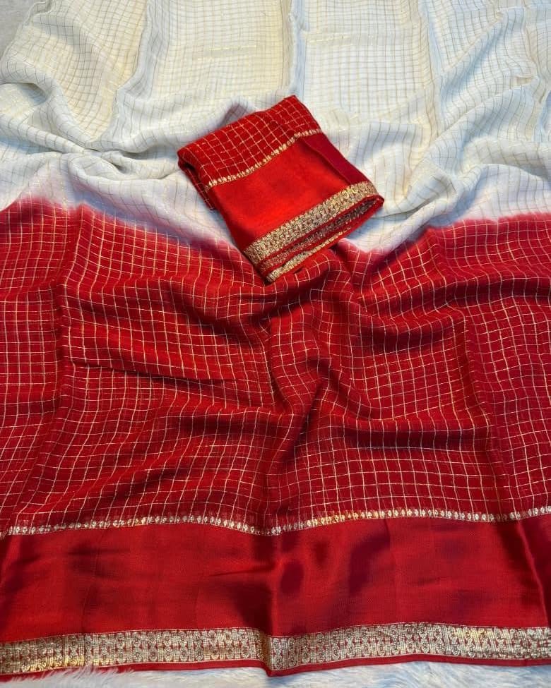 Elegant Red & Off-White Pure Viscose Chex Saree with Satin Patta Border