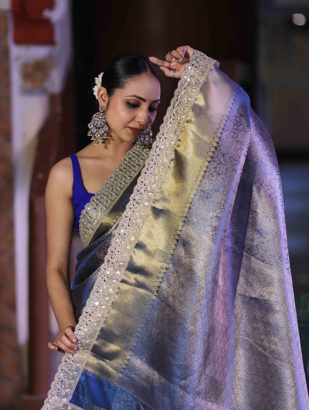 Steel Blue Semi Katan Silk Saree with Designer Pearl Lace Border