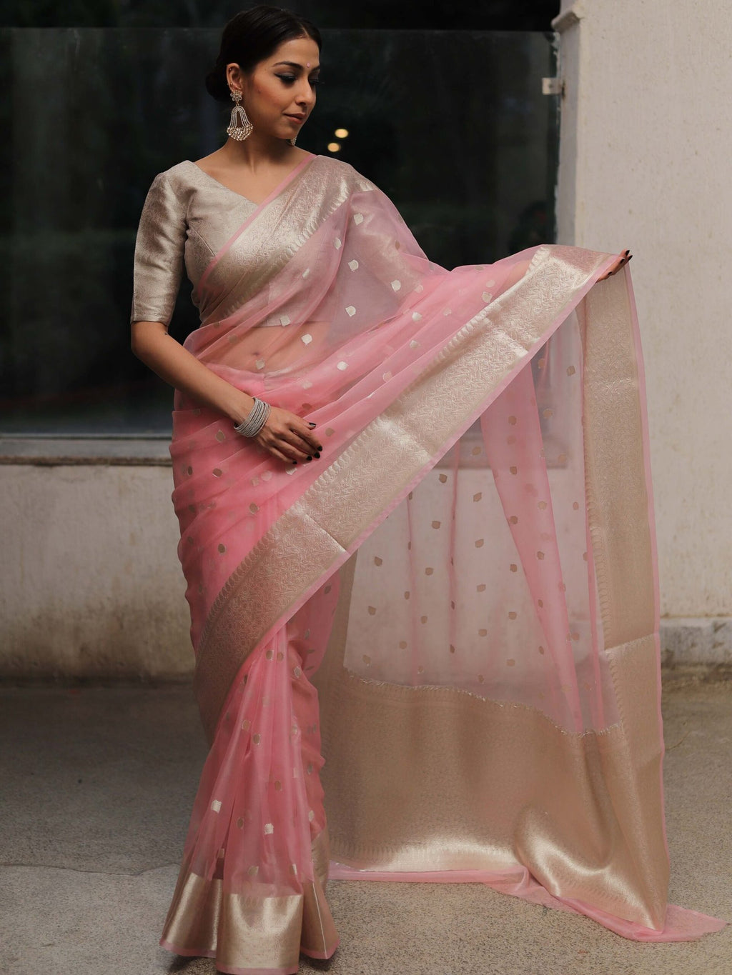 Peach Pink Banarasi Soft Organza Silk Woven Dyeable Saree with Zari Border