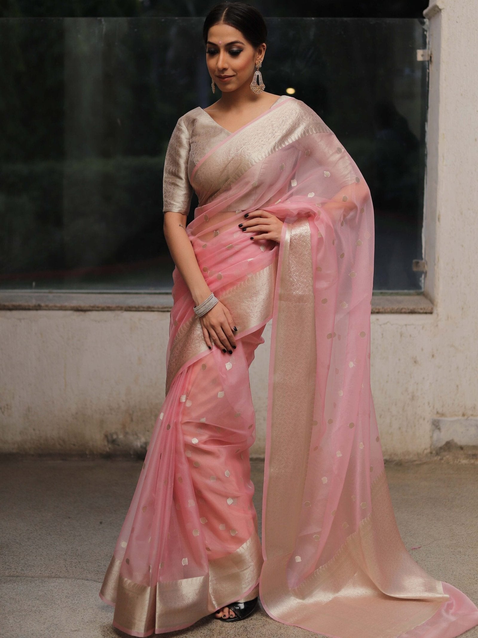 Peach Pink Banarasi Soft Organza Silk Woven Dyeable Saree with Zari Border