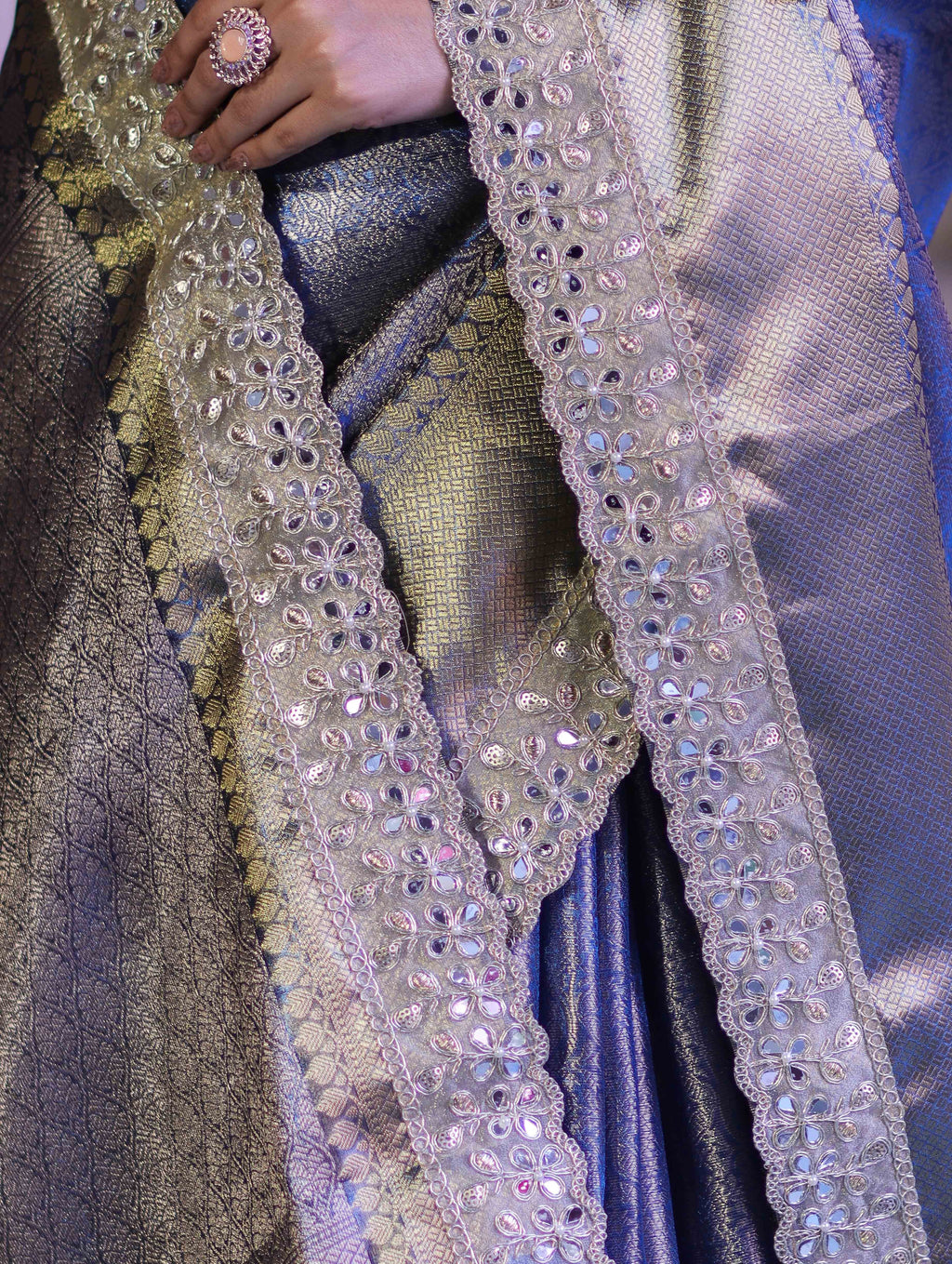 Steel Blue Semi Katan Silk Saree with Designer Pearl Lace Border