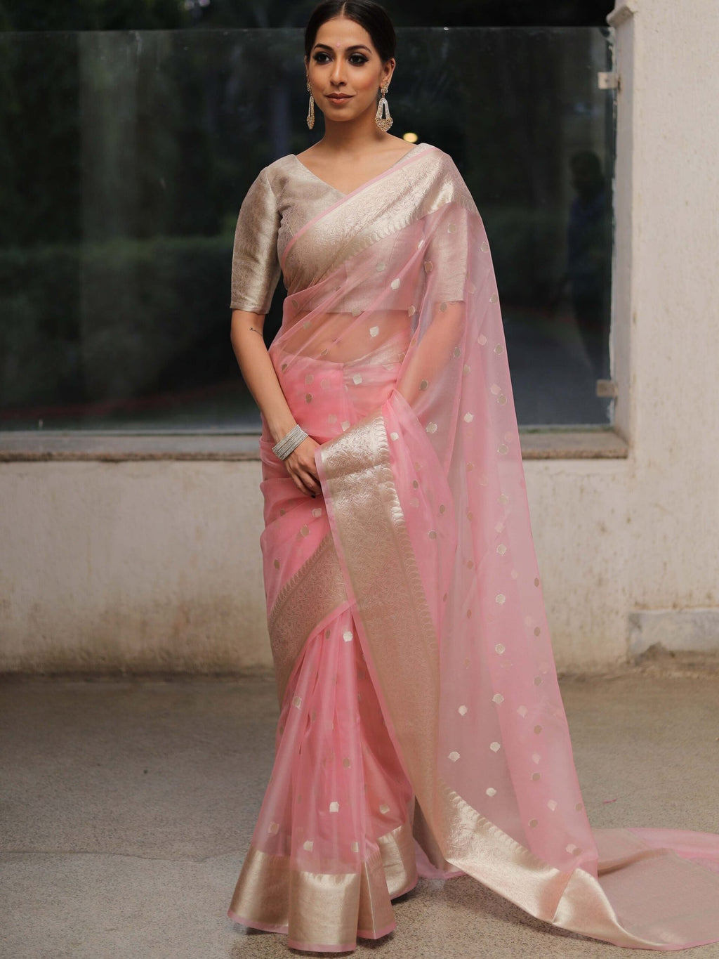 Peach Pink Banarasi Soft Organza Silk Woven Dyeable Saree with Zari Border