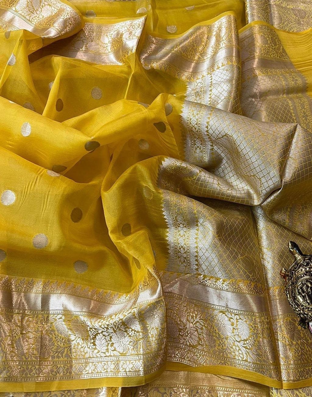 Mustard Yellow Banarasi Soft Organza Silk Woven Dyeable Saree with Zari Border