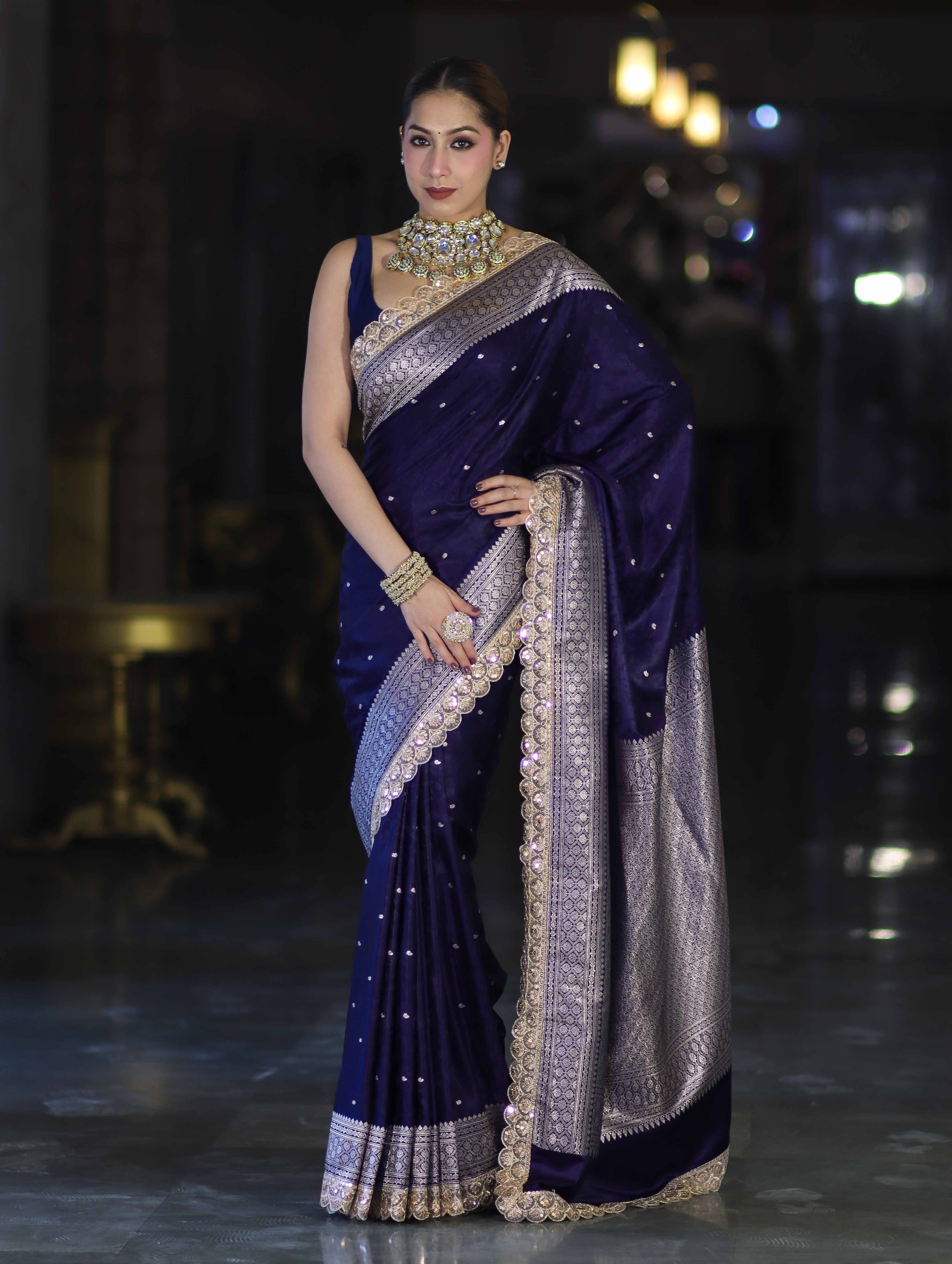 Royal Blue Handloom Mashru Silk Saree with Rich Woven Zari Border
