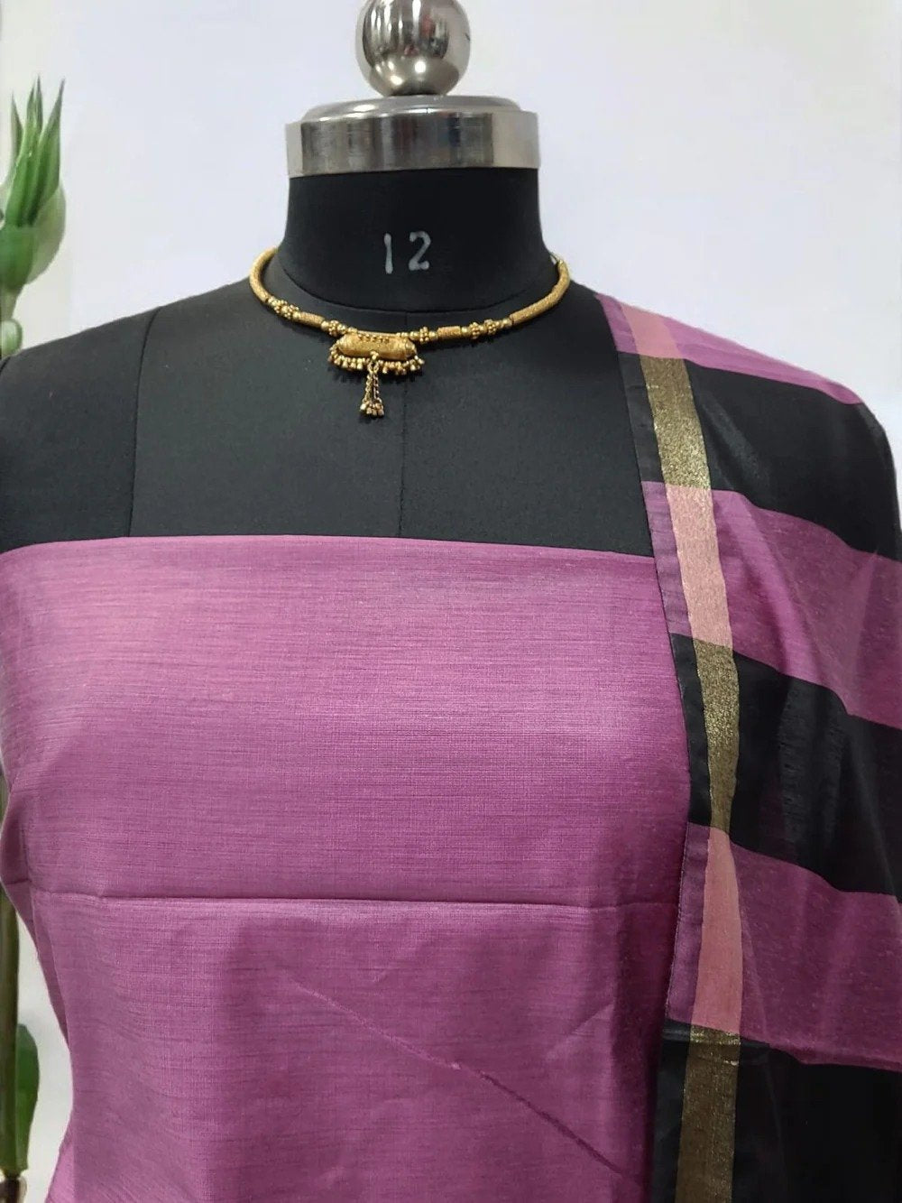 Unstitched Maheshwari Cotton Silk Suit with Resham Stripe Dupatta – Royal Purple & Black Elegance