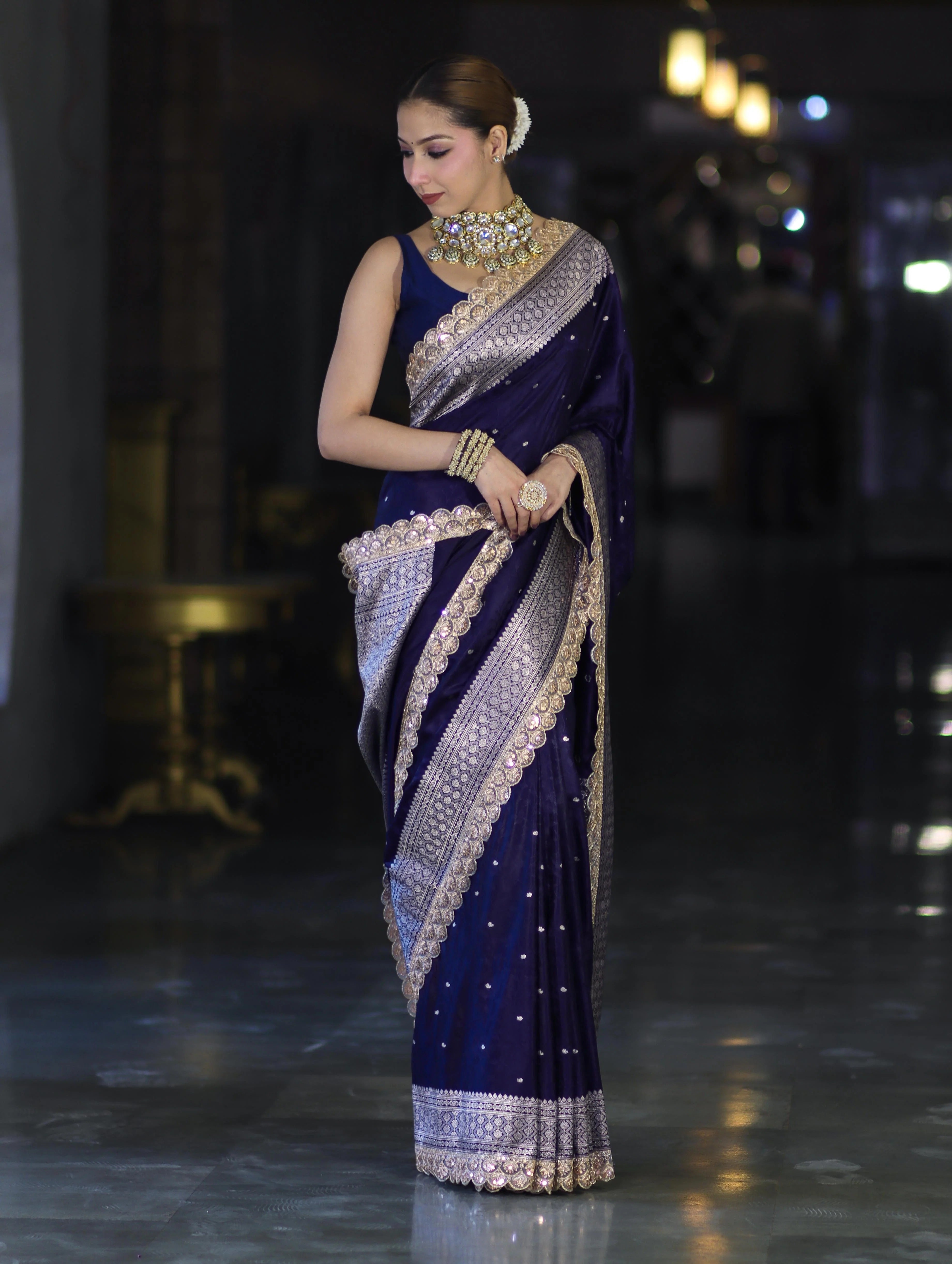 Royal Blue Handloom Mashru Silk Saree with Rich Woven Zari Border