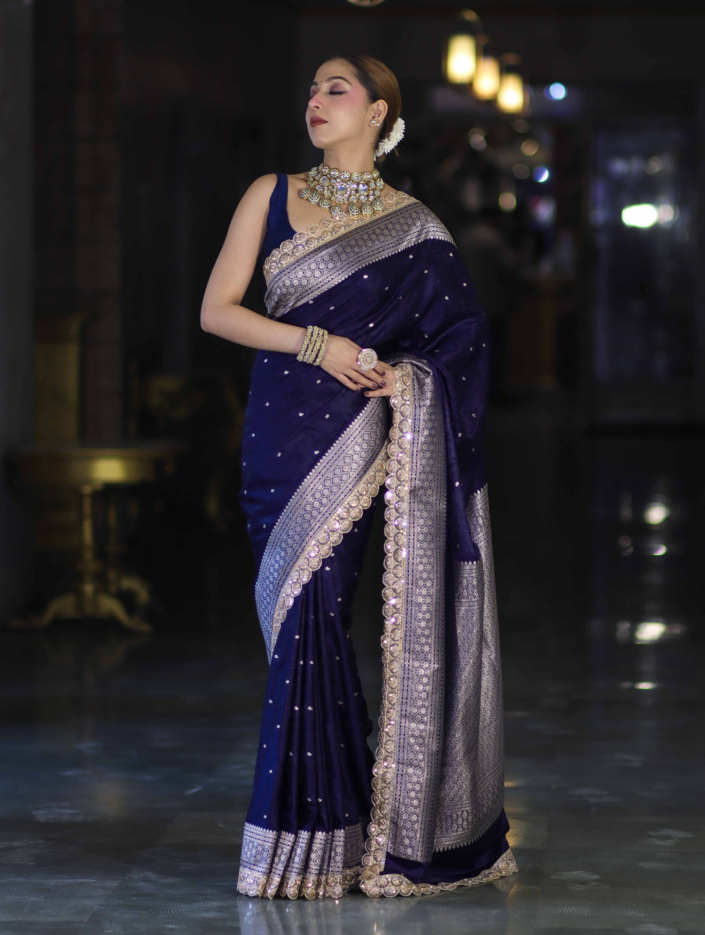 Royal Blue Handloom Mashru Silk Saree with Rich Woven Zari Border